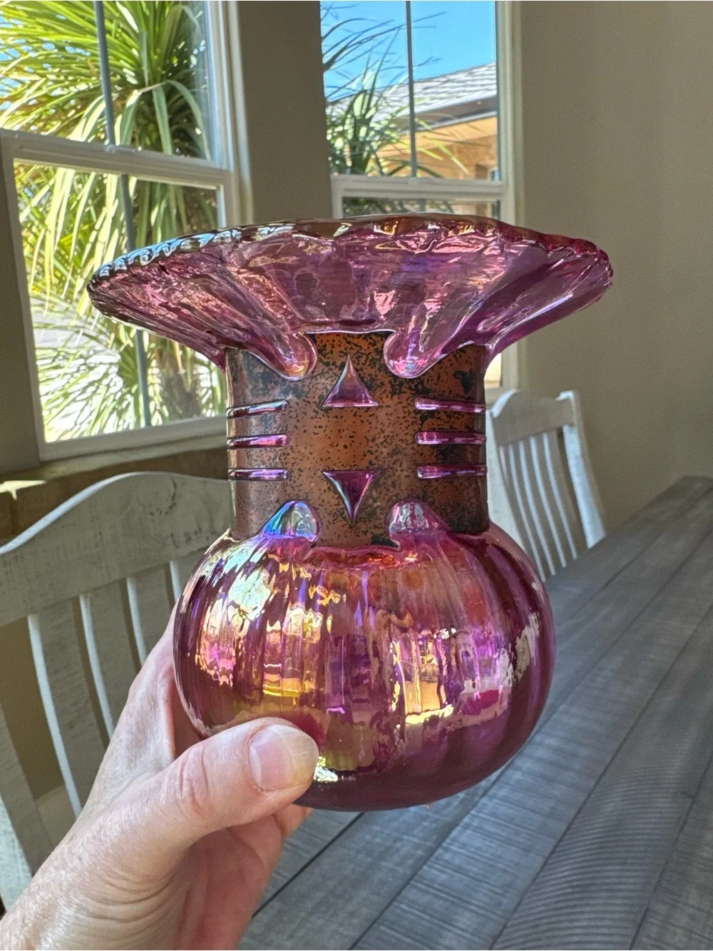 Vintage Silvestri Mouth-Blown Iridescent Pink/Purple Glass Vase W/Cage Neck Ring